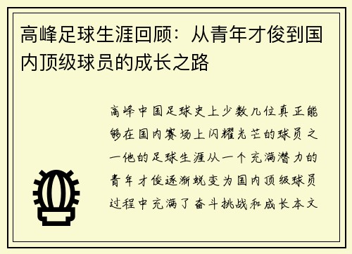 高峰足球生涯回顾：从青年才俊到国内顶级球员的成长之路