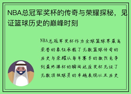 NBA总冠军奖杯的传奇与荣耀探秘，见证篮球历史的巅峰时刻