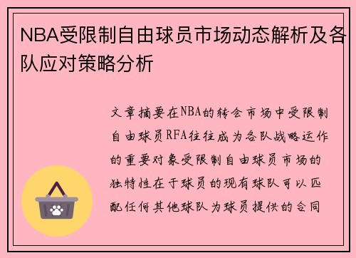 NBA受限制自由球员市场动态解析及各队应对策略分析